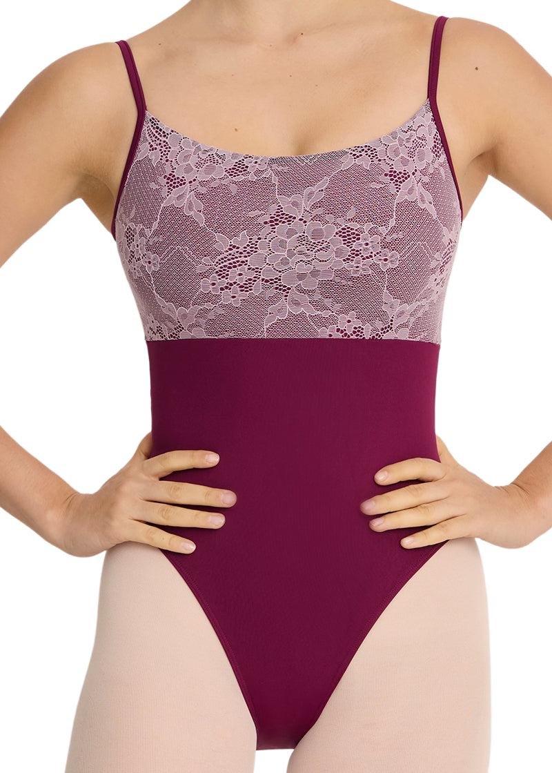 Intermezzo Spring-Summer 2026 Aura Collection 31727-275 Women's Haley Floral Lace Camisole Leotard in Garnet Burgundy with Contrast White Lace Bust Overlay and Back, shown on a ballet dancer