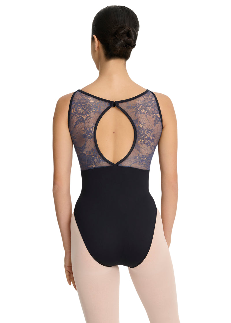 Intermezzo Spring-Summer 2026 Aura Collection 31728-037 Women's Heaven Lace Tank Leotard in Black with Blue Floral Lace Bust Overlay and Keyhole Back, shown on a ballet dancer