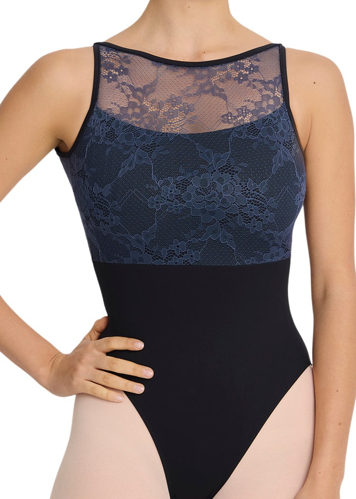 Intermezzo Spring-Summer 2026 Aura Collection 31728-037 Women's Heaven Lace Tank Leotard in Black with Blue Floral Lace Bust Overlay and Keyhole Back, shown on a ballet dancer