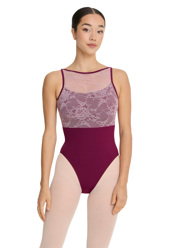 Intermezzo Spring-Summer 2026 Aura Collection 31728-275 Women's Heaven Lace Tank Leotard in Garnet Burgundy with Contrast Pale Pink Lace Bust Overlay and Keyhole Back, shown on a ballet dancer