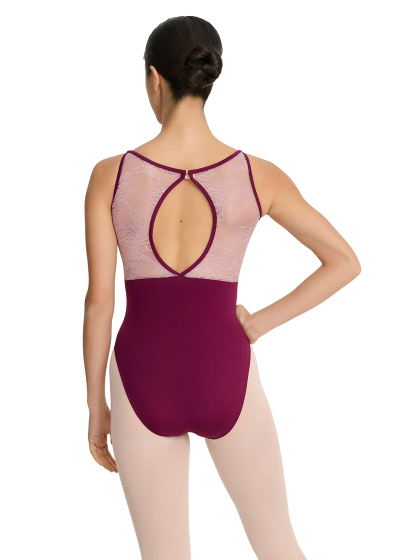 Intermezzo Spring-Summer 2026 Aura Collection 31728-275 Women's Heaven Lace Tank Leotard in Garnet Burgundy with Contrast Pale Pink Lace Bust Overlay and Keyhole Back, shown on a ballet dancer