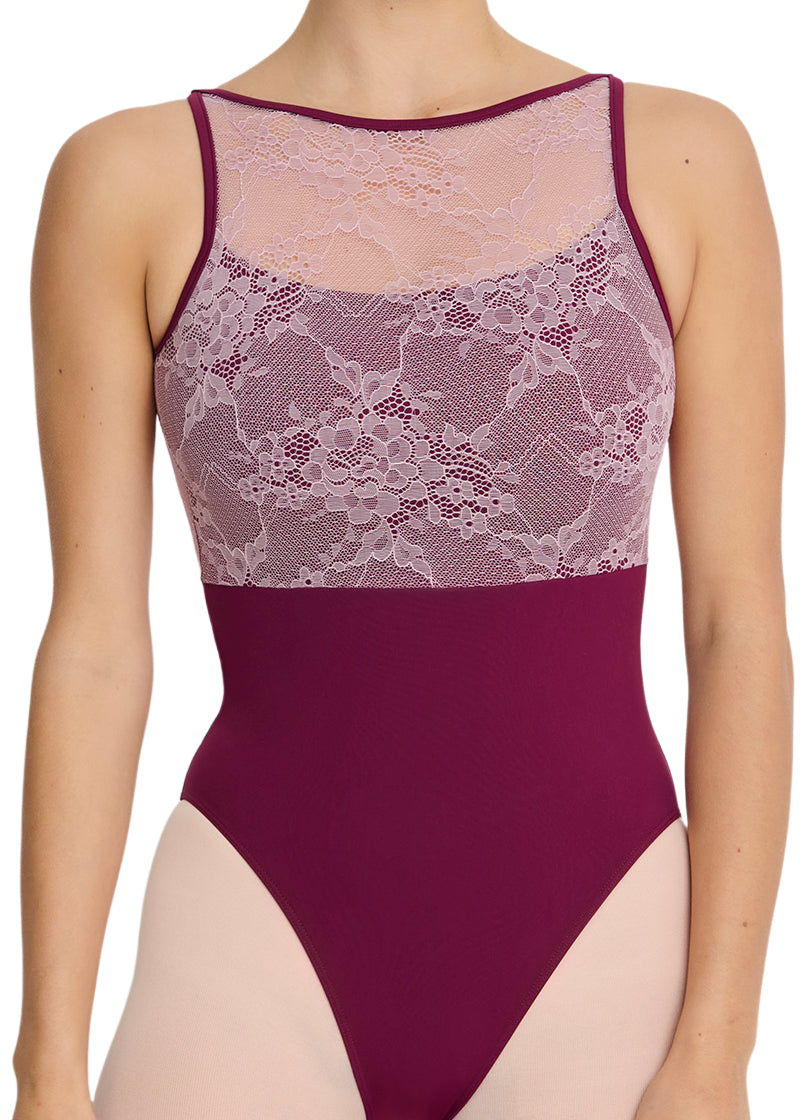 Intermezzo Spring-Summer 2026 Aura Collection 31728-275 Women's Heaven Lace Tank Leotard in Garnet Burgundy with Contrast Pale Pink Lace Bust Overlay and Keyhole Back, shown on a ballet dancer