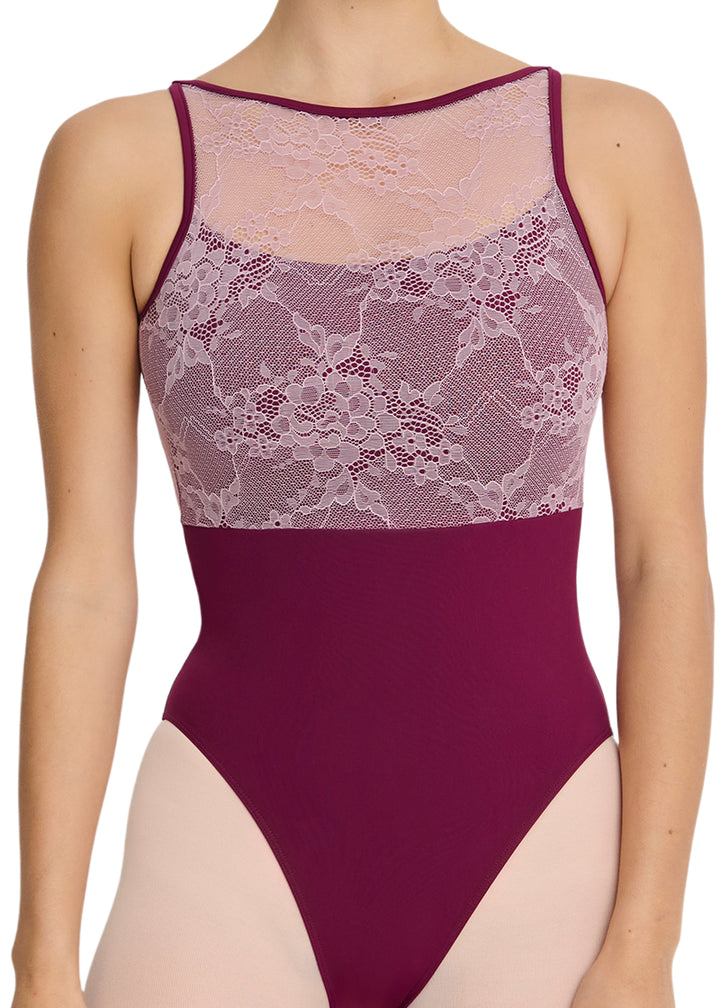 Intermezzo Spring-Summer 2026 Aura Collection 31728-275 Women's Heaven Lace Tank Leotard in Garnet Burgundy with Contrast Pale Pink Lace Bust Overlay and Keyhole Back, shown on a ballet dancer
