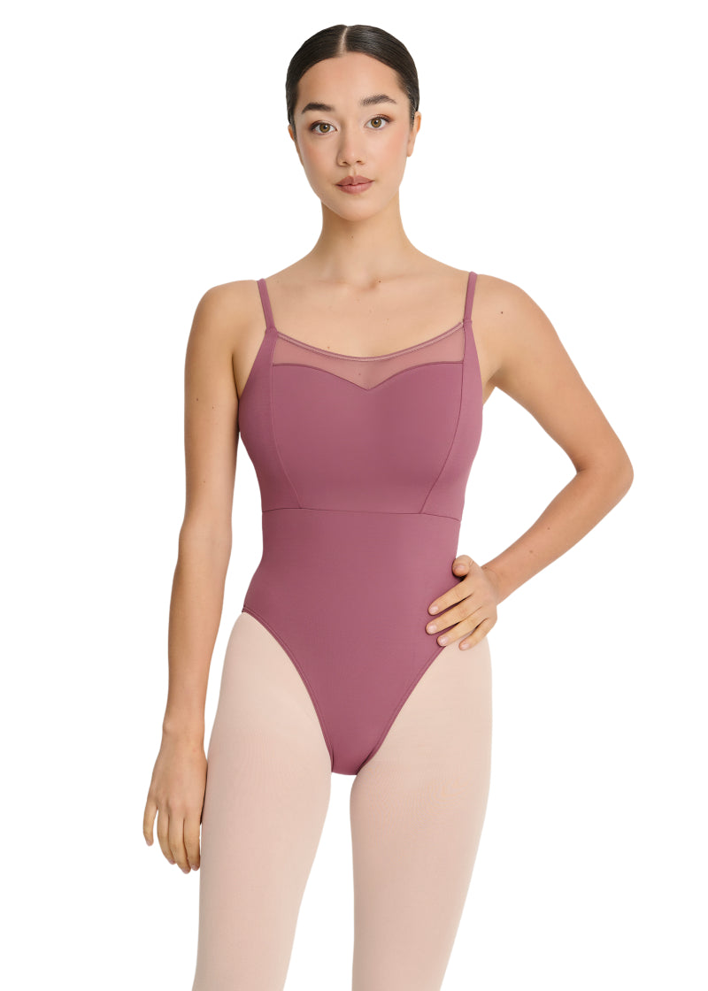 Intermezzo Spring-Summer 2026 Horizon Collection 31732-194 Women's Hanne Mesh Camisole Leotard with Mesh Sweetheart Neckline and Mesh Square Back Insert in Violet Mauve Pink, shown on a ballet dancer