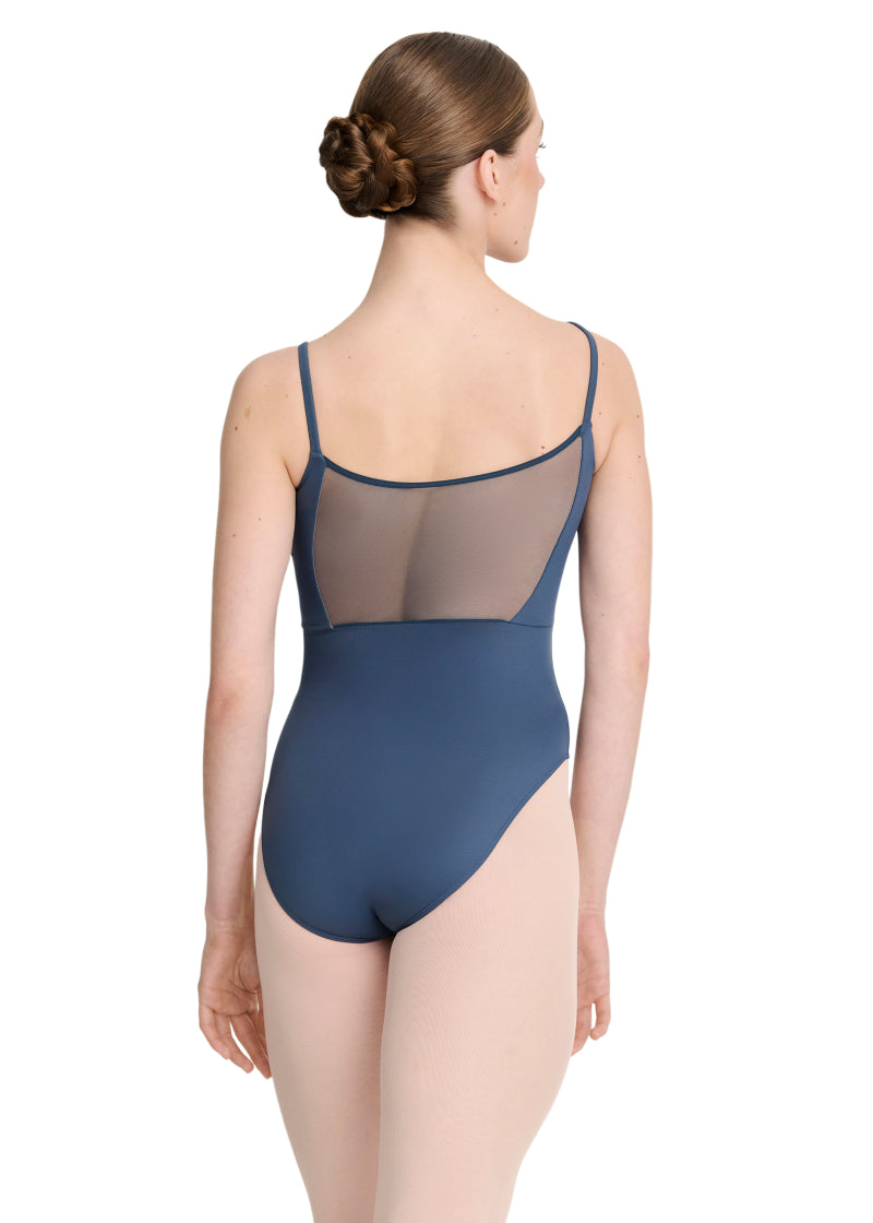 Intermezzo Spring-Summer 2026 Horizon Collection 31732-258 Women's Hanne Mesh Camisole Leotard with Mesh Sweetheart Neckline and Mesh Square Back Insert in Blue Aqua, shown on a ballet dancer