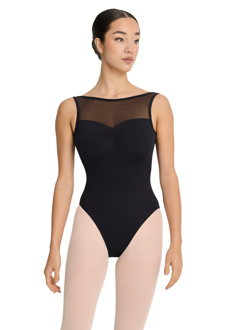 Intermezzo Spring-Summer 2026 Horizon Collection 31733-037 Women's Hadassah Mesh Tank Leotard in Black with matching mesh pinch front sweetheart neckline and mid-cut mesh V-back, shown on a ballet dancer