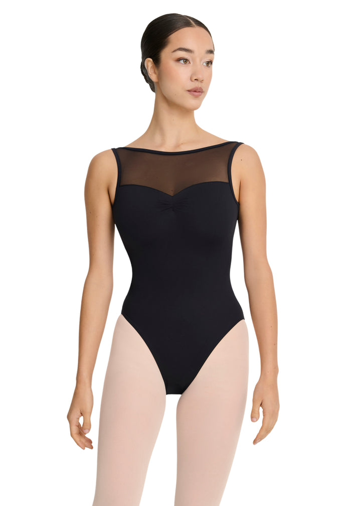 Intermezzo Spring-Summer 2026 Horizon Collection 31733-037 Women's Hadassah Mesh Tank Leotard in Black with matching mesh pinch front sweetheart neckline and mid-cut mesh V-back, shown on a ballet dancer