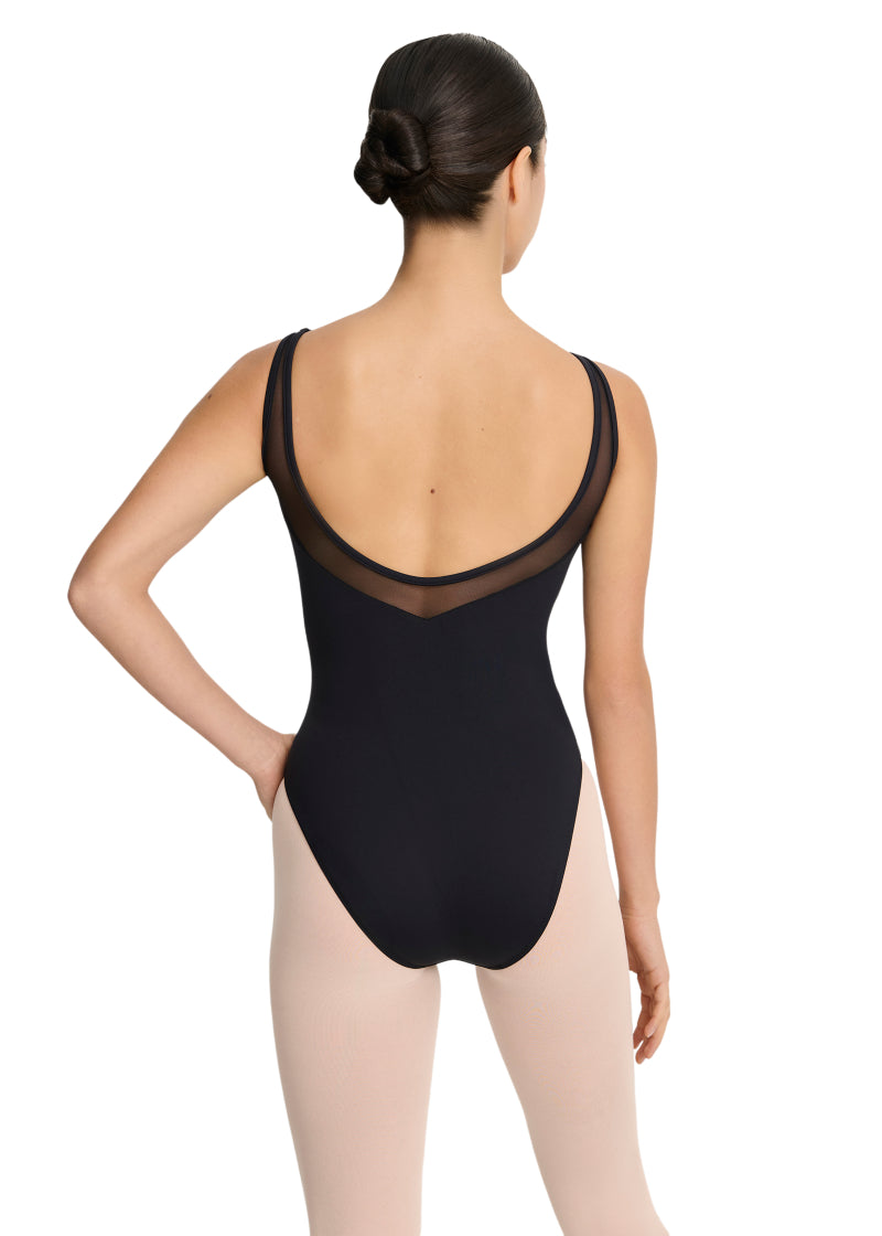 Intermezzo Spring-Summer 2026 Horizon Collection 31733-037 Women's Hadassah Mesh Tank Leotard in Black with matching mesh pinch front sweetheart neckline and mid-cut mesh V-back, shown on a ballet dancer