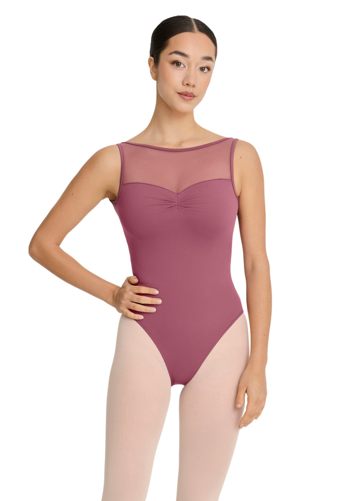 Intermezzo Spring-Summer 2026 Horizon Collection 31733-194 Women's Hadassah Mesh Tank Leotard in Violet Mauve Pink with matching mesh pinch front sweetheart neckline and mid-cut mesh V-back, shown on a ballet dancer