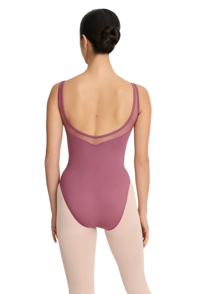 Intermezzo Spring-Summer 2026 Horizon Collection 31733-194 Women's Hadassah Mesh Tank Leotard in Violet Mauve Pink with matching mesh pinch front sweetheart neckline and mid-cut mesh V-back, shown on a ballet dancer