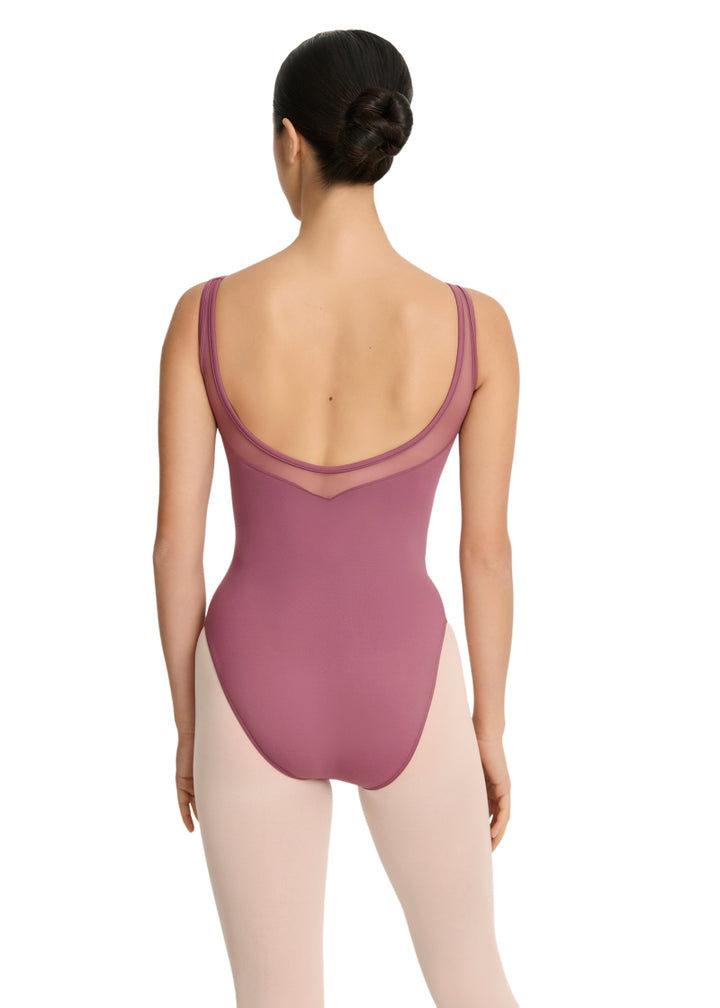 Intermezzo Spring-Summer 2026 Horizon Collection 31733-194 Women's Hadassah Mesh Tank Leotard in Violet Mauve Pink with matching mesh pinch front sweetheart neckline and mid-cut mesh V-back, shown on a ballet dancer
