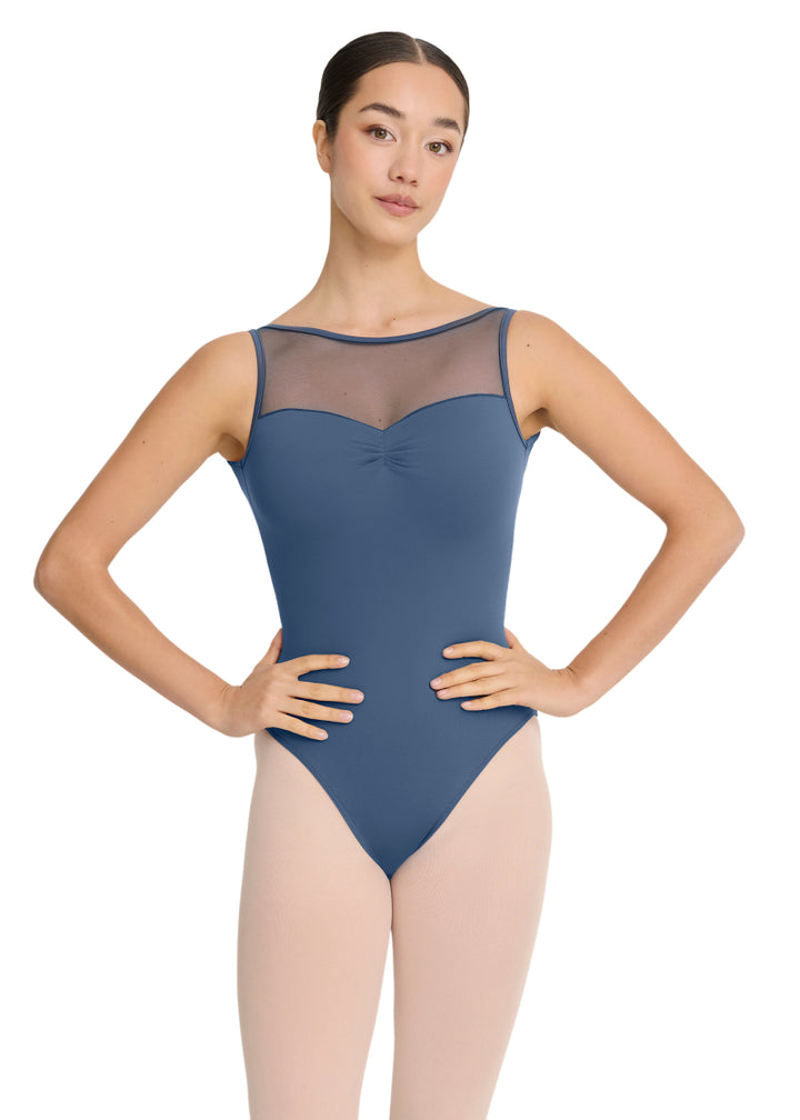 Intermezzo Spring-Summer 2026 Horizon Collection 31733-258 Women's Hadassah Mesh Tank Leotard in Blue Aqua with matching mesh pinch front sweetheart neckline and mid-cut mesh V-back, shown on a ballet dancer