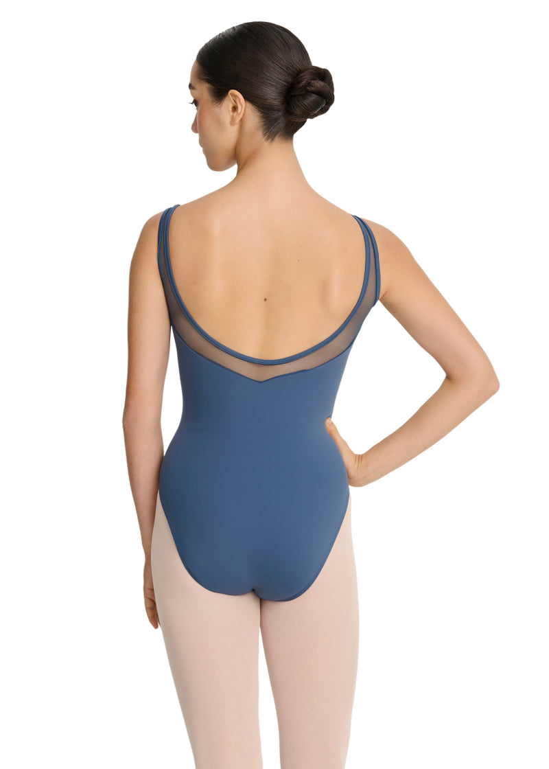 Intermezzo Spring-Summer 2026 Horizon Collection 31733-258 Women's Hadassah Mesh Tank Leotard in Blue Aqua with matching mesh pinch front sweetheart neckline and mid-cut mesh V-back, shown on a ballet dancer