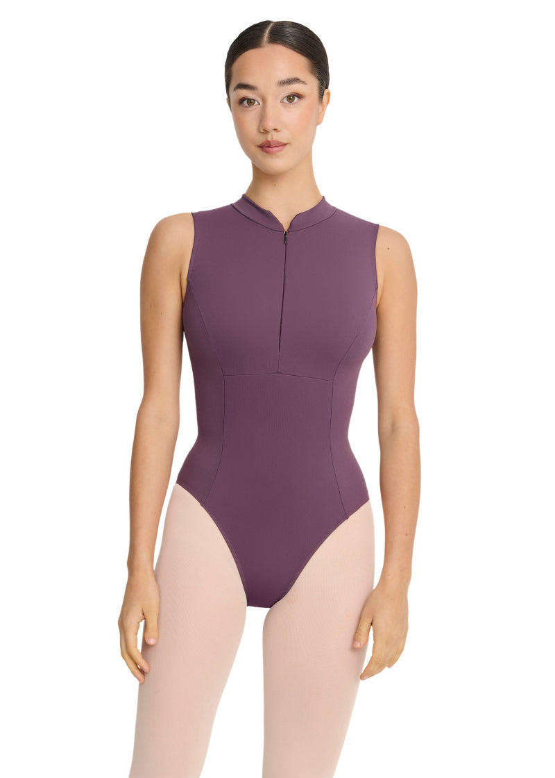 Intermezzo Spring-Summer 2026 Essential Collection 31733-253 Women's Heike Sleeveless Zip Front Leotard in Pansy Purple with princess seams, mock turtleneck, and full back, shown on a ballet dancer