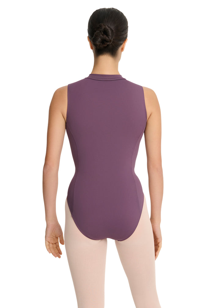 Intermezzo Spring-Summer 2026 Essential Collection 31733-253 Women's Heike Sleeveless Zip Front Leotard in Pansy Purple with princess seams, mock turtleneck, and full back, shown on a ballet dancer
