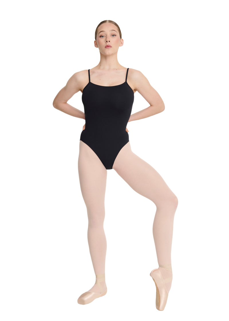 Intermezzo Spring-Summer 2026 Essential Collection 31736-037 Women's Hattie Camisole Leotard in Black with scoop neckline and supportive strappy mid-cut pinch back, shown on a ballet dancer
