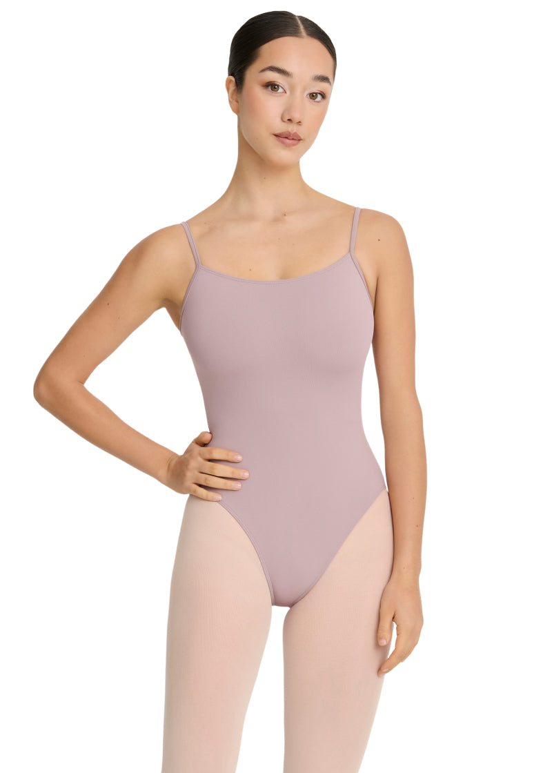Intermezzo Spring-Summer 2026 Essential Collection 31736-260 Women's Hattie Camisole Leotard in Dahlia Lilac-Grey Purple with scoop neckline and supportive strappy mid-cut pinch back, shown on a ballet dancer