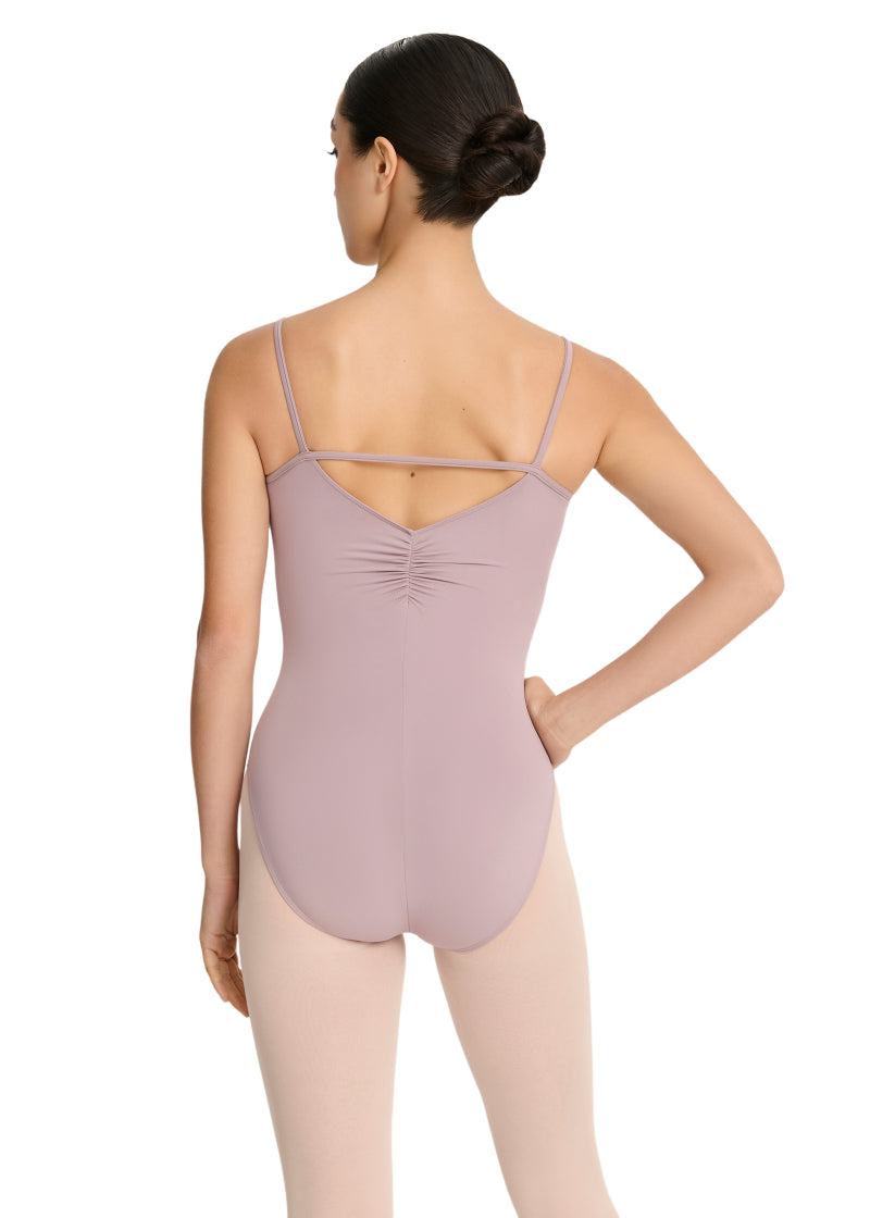 Intermezzo Spring-Summer 2026 Essential Collection 31736-260 Women's Hattie Camisole Leotard in Dahlia Lilac-Grey Purple with scoop neckline and supportive strappy mid-cut pinch back, shown on a ballet dancer