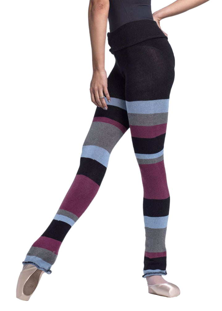 Intermezzo 5301-037 Women's Panlongband Asymmetrical Stripe Stretch Cotton Knit Pants in Black-Grey-Light Blue-Violet