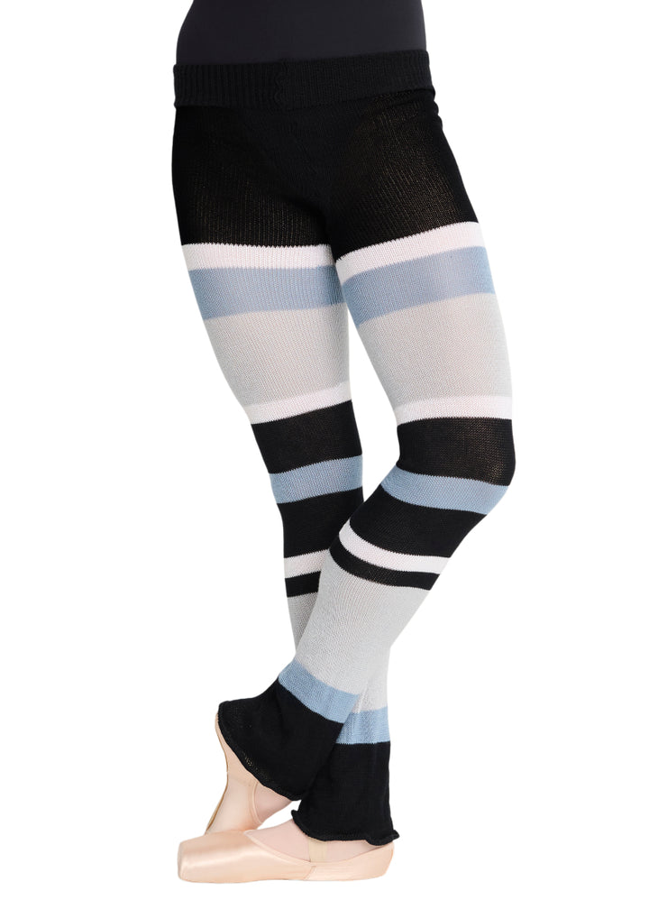 Intermezzo Spring-Summer 2026 Bamboo Collection 5573-037 Women's Hulda Bamboo Knit Pants with uneven strips in Black, Grey, White, and Light Blue, shown on a ballet dancer