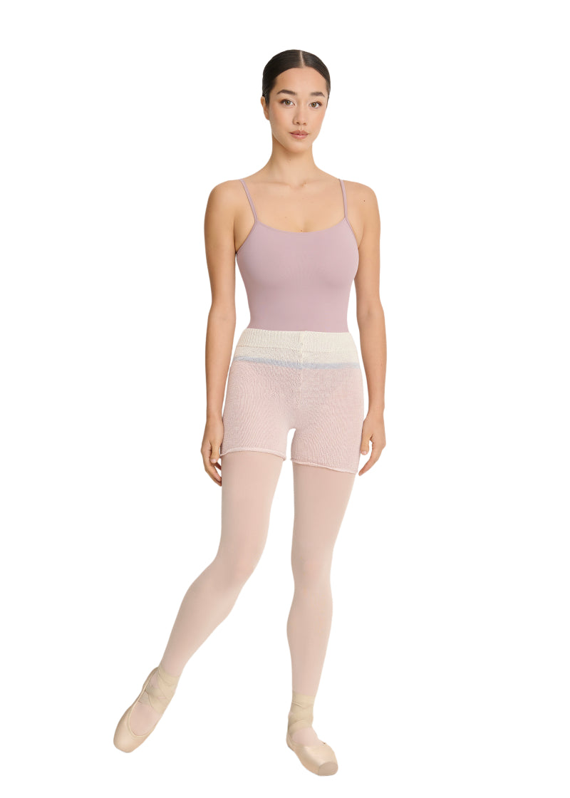 Intermezzo Spring-Summer 2026 Bamboo Collection 5574-021 Women's Hera Bamboo Striped Knit Shorts with Pale Pink, Cream, and Light Blue stripes, shown on a ballet dancer