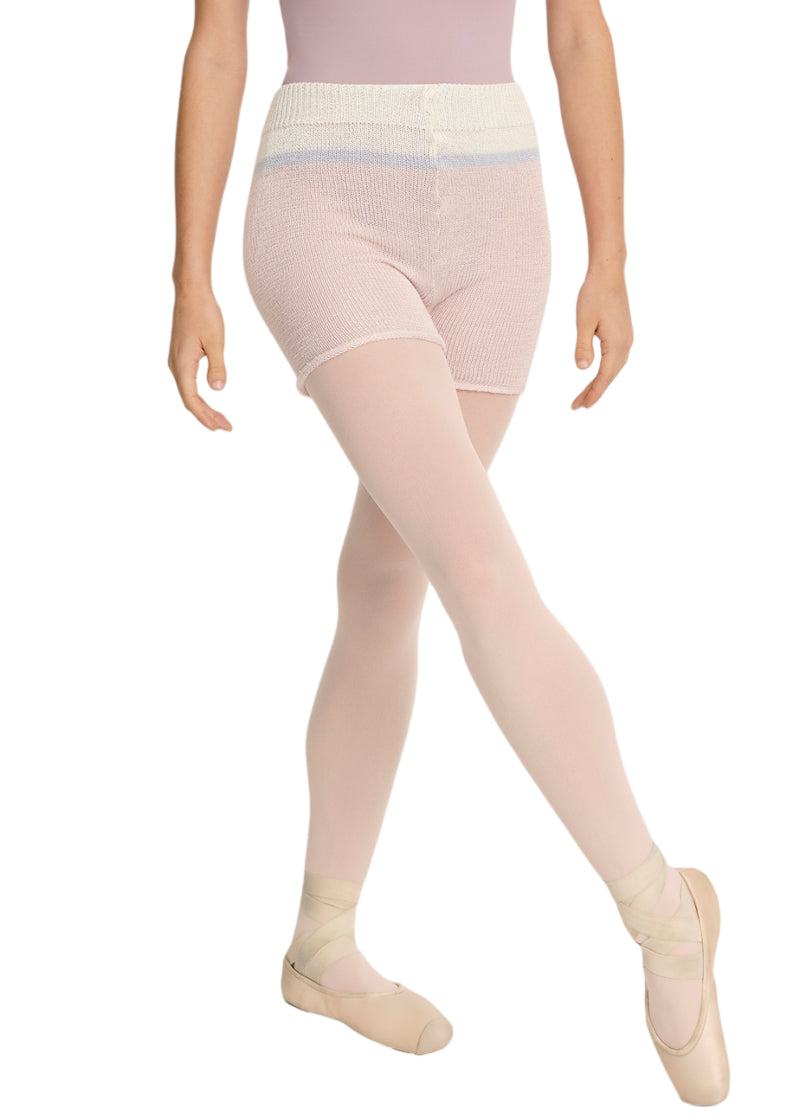 Intermezzo Spring-Summer 2026 Bamboo Collection 5574-021 Women's Hera Bamboo Striped Knit Shorts with Pale Pink, Cream, and Light Blue stripes, shown on a ballet dancer