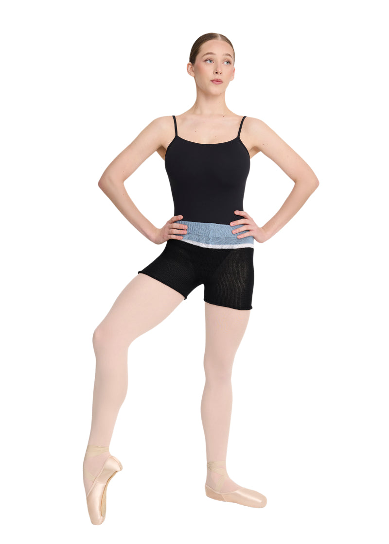 Intermezzo Spring-Summer 2026 Bamboo Collection 5574-037 Women's Hera Bamboo Striped Knit Shorts in Black, White, and Light Blue, shown on a ballet dancer