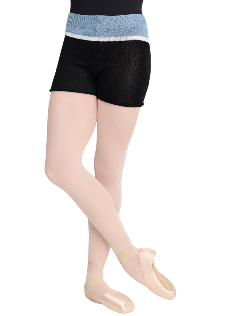 Intermezzo Spring-Summer 2026 Bamboo Collection 5574-037 Women's Hera Bamboo Striped Knit Shorts in Black, White, and Light Blue, shown on a ballet dancer