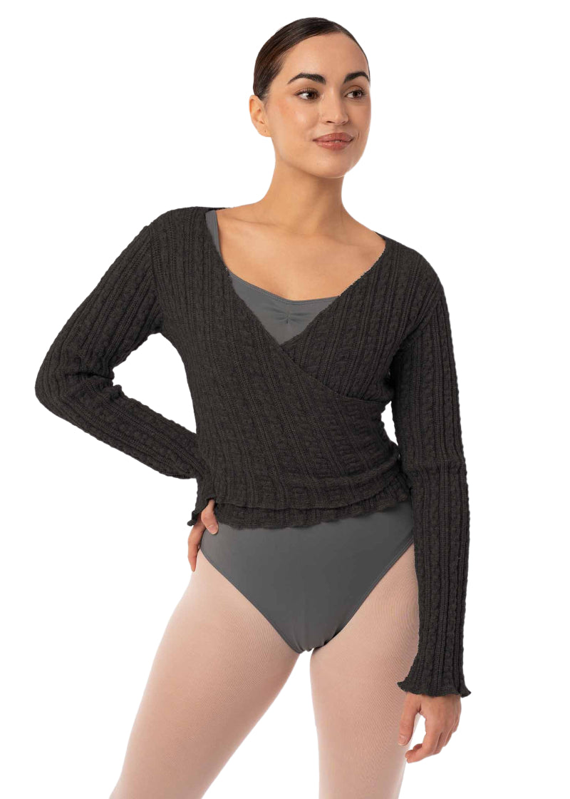 Intermezzo 6647-037 Freya Twisted Stitch Wrap Sweater in Black