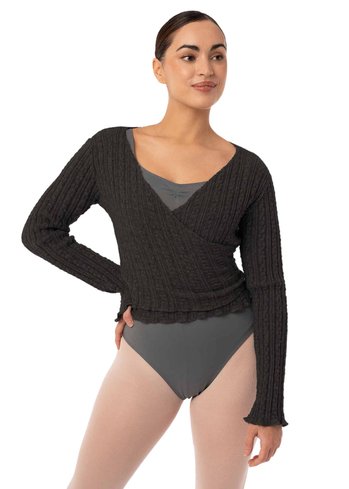 Intermezzo 6647-037 Freya Twisted Stitch Wrap Sweater in Black