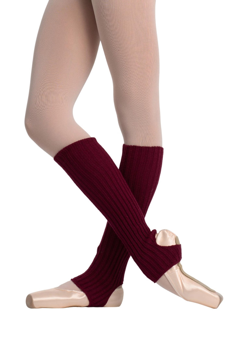 Intermezzo 2010 Women's Precal Acrylic Wool Classic Calf-Length Stirrup Legwarmers in Burgundy Red, shown on a ballet dancer