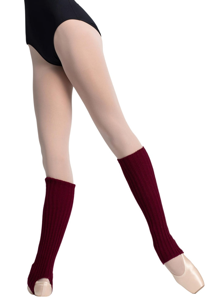 Intermezzo 2010 Women's Precal Acrylic Wool Classic Calf-Length Stirrup Legwarmers in Burgundy Red, shown on a ballet dancer
