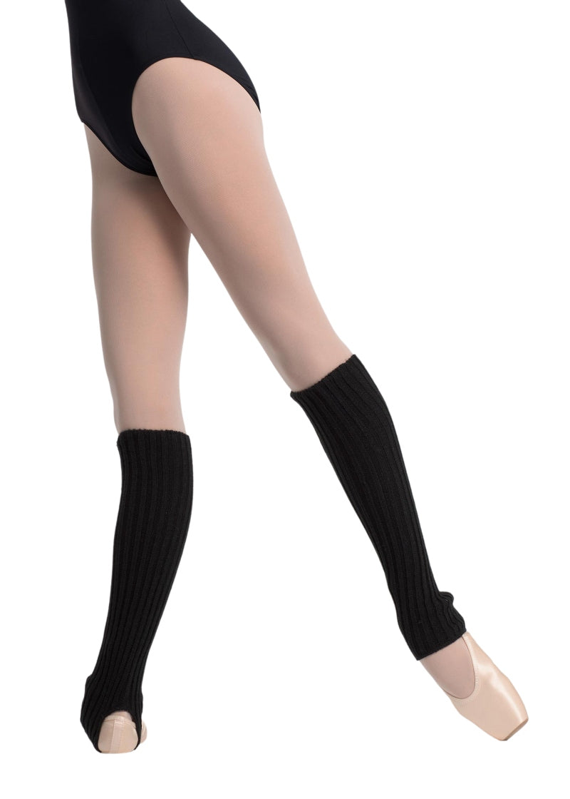 Intermezzo 2010 Women's Precal Acrylic Wool Classic Calf-Length Stirrup Legwarmers in Black, shown on a ballet dancer