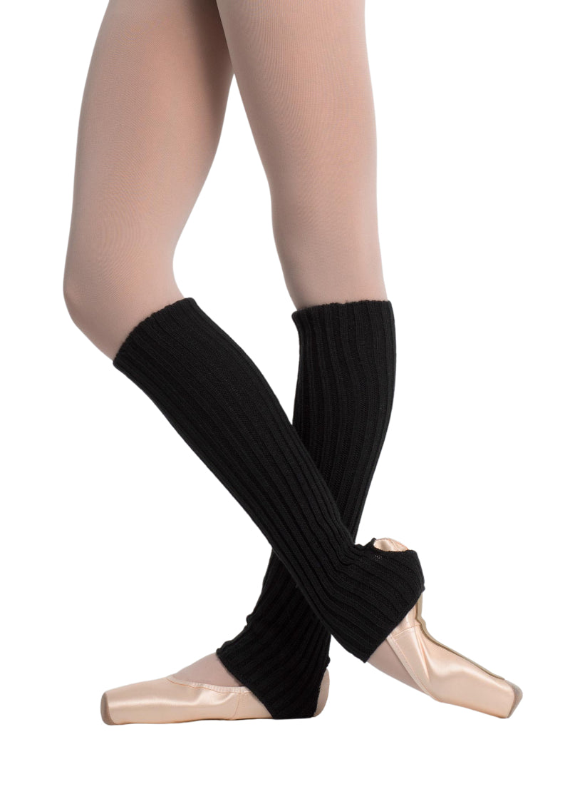 Intermezzo 2010 Women's Precal Acrylic Wool Classic Calf-Length Stirrup Legwarmers in Black, shown on a ballet dancer