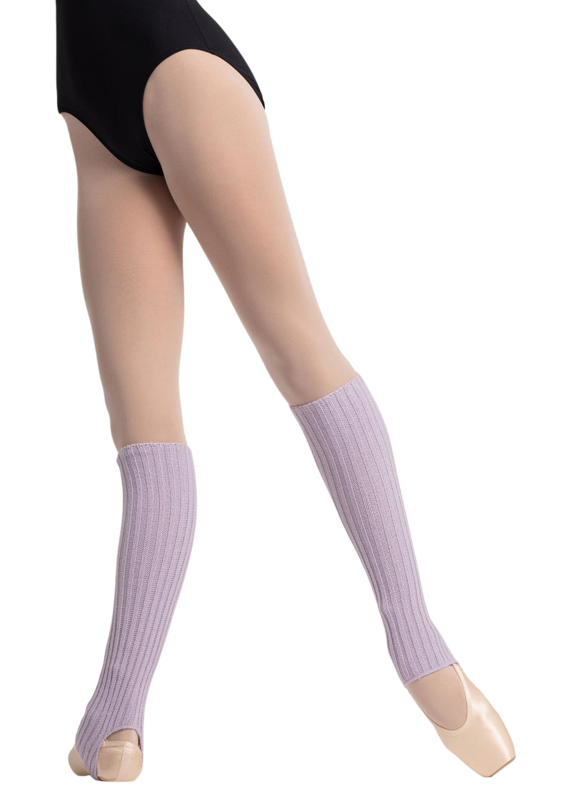 Intermezzo 2010 Women's Precal Acrylic Wool Classic Calf-Length Stirrup Legwarmers in Lavender Purple, shown on a ballet dancer