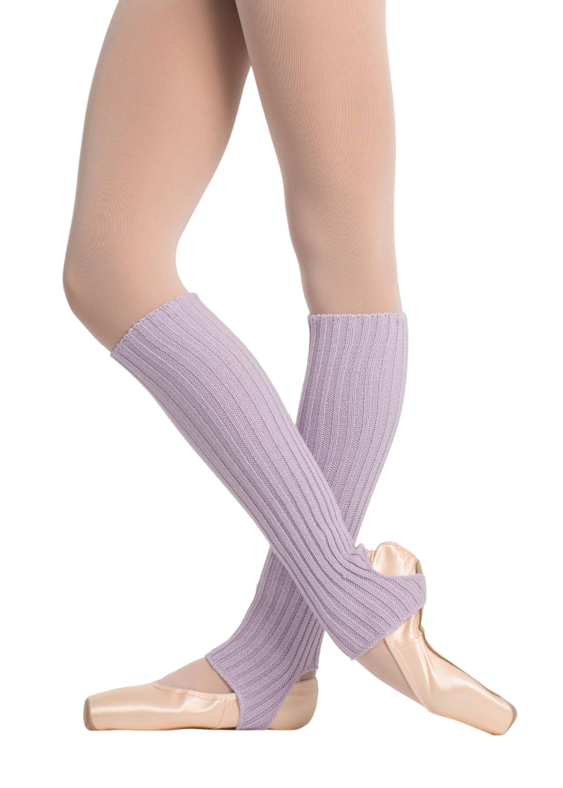 Intermezzo 2010 Women's Precal Acrylic Wool Classic Calf-Length Stirrup Legwarmers in Lavender Purple, shown on a ballet dancer