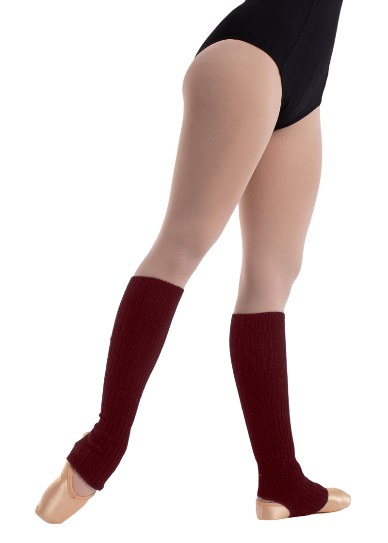 Intermezzo 2011 Women's Prevul Wool Blend Calf-Length Stirrup Legwarmers in Burgundy Red, shown on a ballet dancer