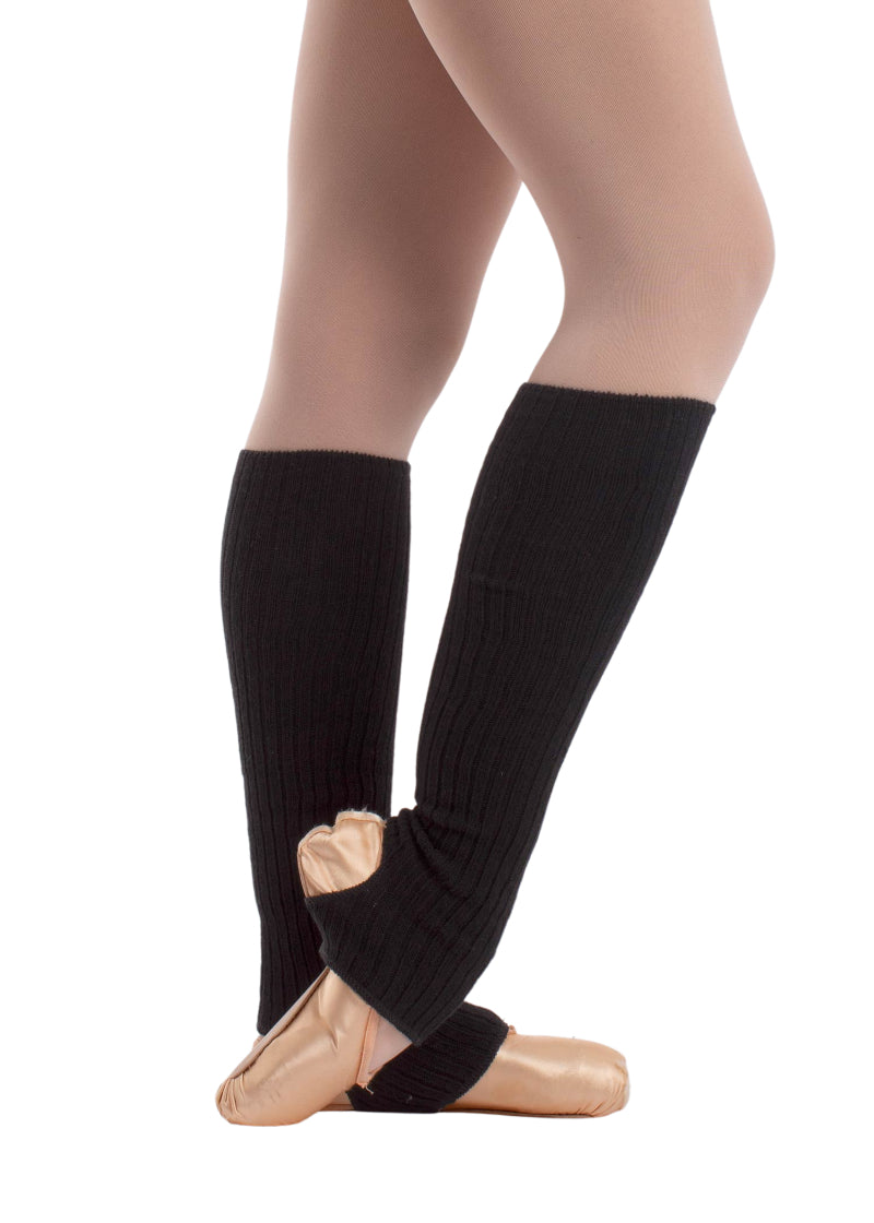 Intermezzo 2011 Women's Prevul Wool Blend Calf-Length Stirrup Legwarmers in Black, shown on a ballet dancer