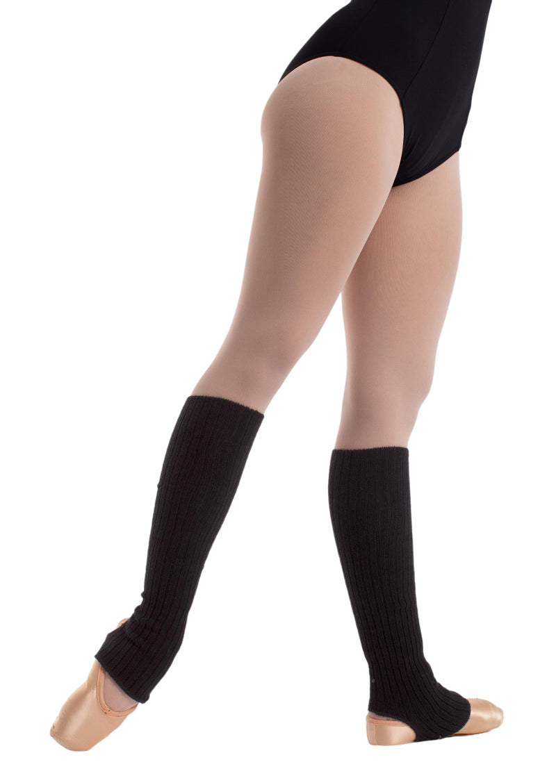 Intermezzo 2011 Women's Prevul Wool Blend Calf-Length Stirrup Legwarmers in Black, shown on a ballet dancer