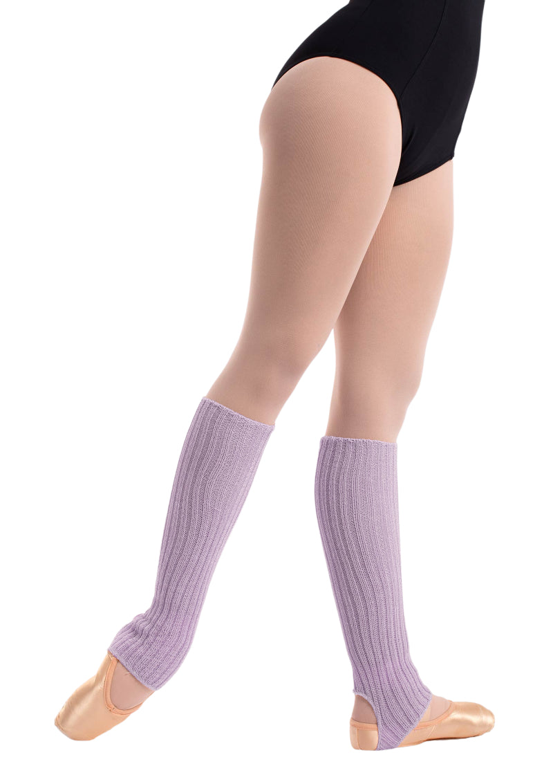 Intermezzo 2011 Women's Prevul Wool Blend Calf-Length Stirrup Legwarmers in Lavender Purple, shown on a ballet dancer