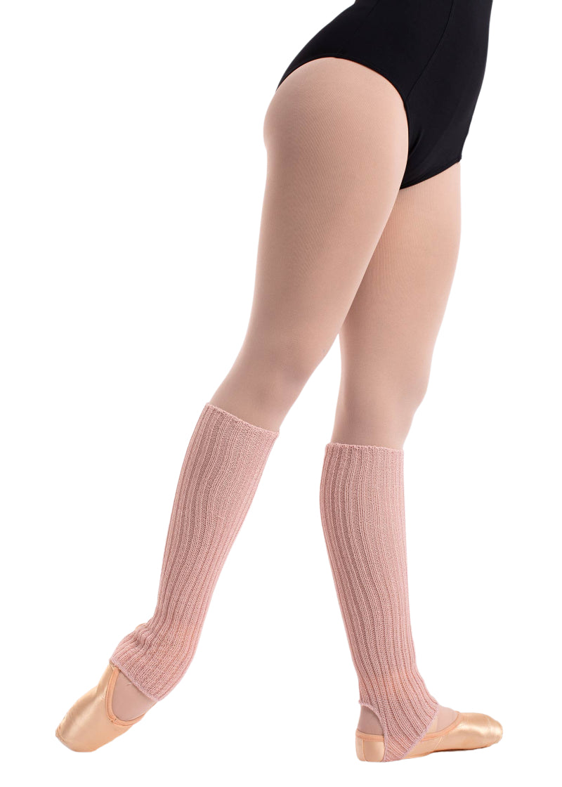 Intermezzo 2011 Women's Prevul Wool Blend Calf-Length Stirrup Legwarmers in Salmon Pink, shown on a ballet dancer