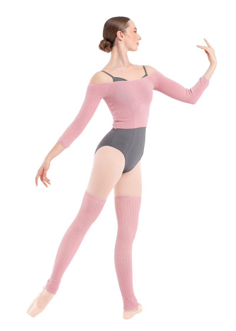 Intermezzo 2035 Women's Delphinia Knit Stretch Bamboo Mid-Thigh Fitted Ankle Legwarmers in Pink, shown on a ballet dancer wearing pointe shoes, pink tights, a grey leotard, and a matching pink knit crop top