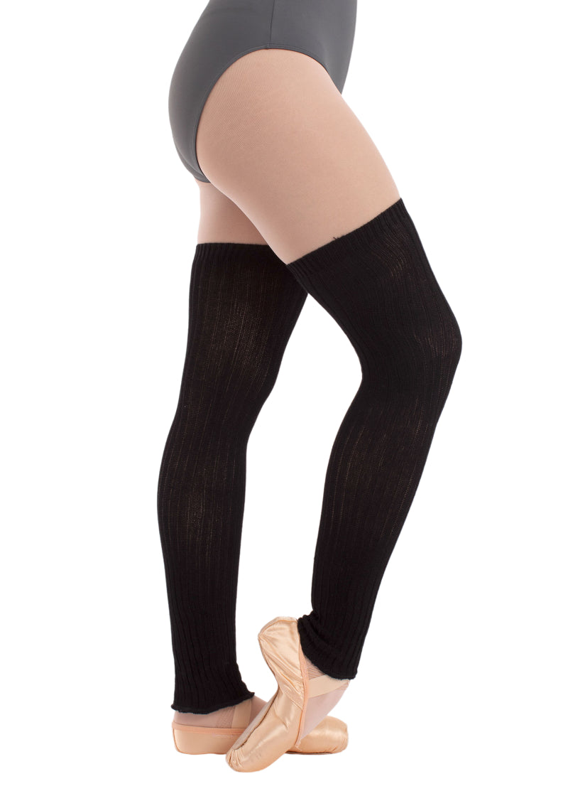 Intermezzo 2035 Women's Delphinia Knit Stretch Bamboo Mid-Thigh Fitted Ankle Legwarmers in Black, shown on a ballet dancer wearing pointe shoes, pink tights, and a grey leotard
