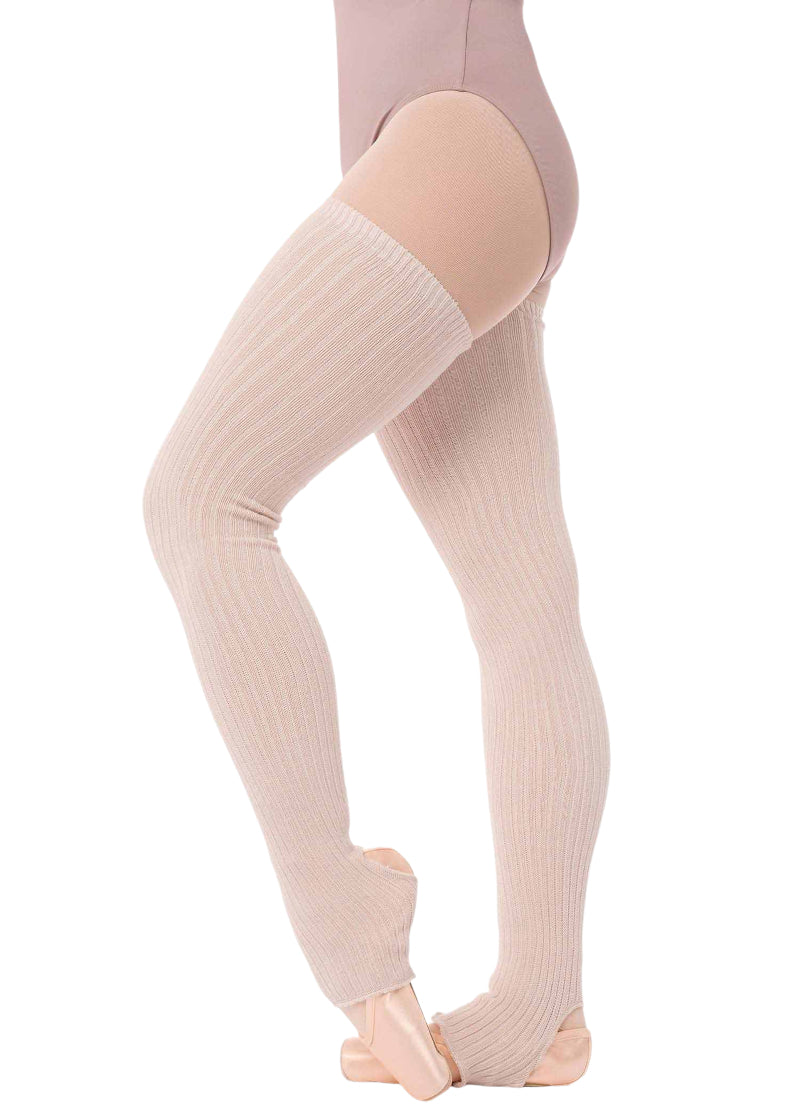 Intermezzo 2041 Women's Francisco Knit Stretch Bamboo Thigh-High Stirrup Legwarmers in Pale Pink, shown on a ballet dancer wearing pointe shoes, pink tights, and a mauve leotard