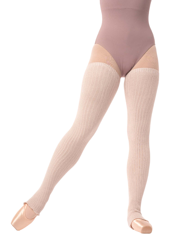 Intermezzo 2041 Women's Francisco Knit Stretch Bamboo Thigh-High Stirrup Legwarmers in Grey, shown on a ballet dancer wearing pointe shoes, pink tights, and a mauve leotard