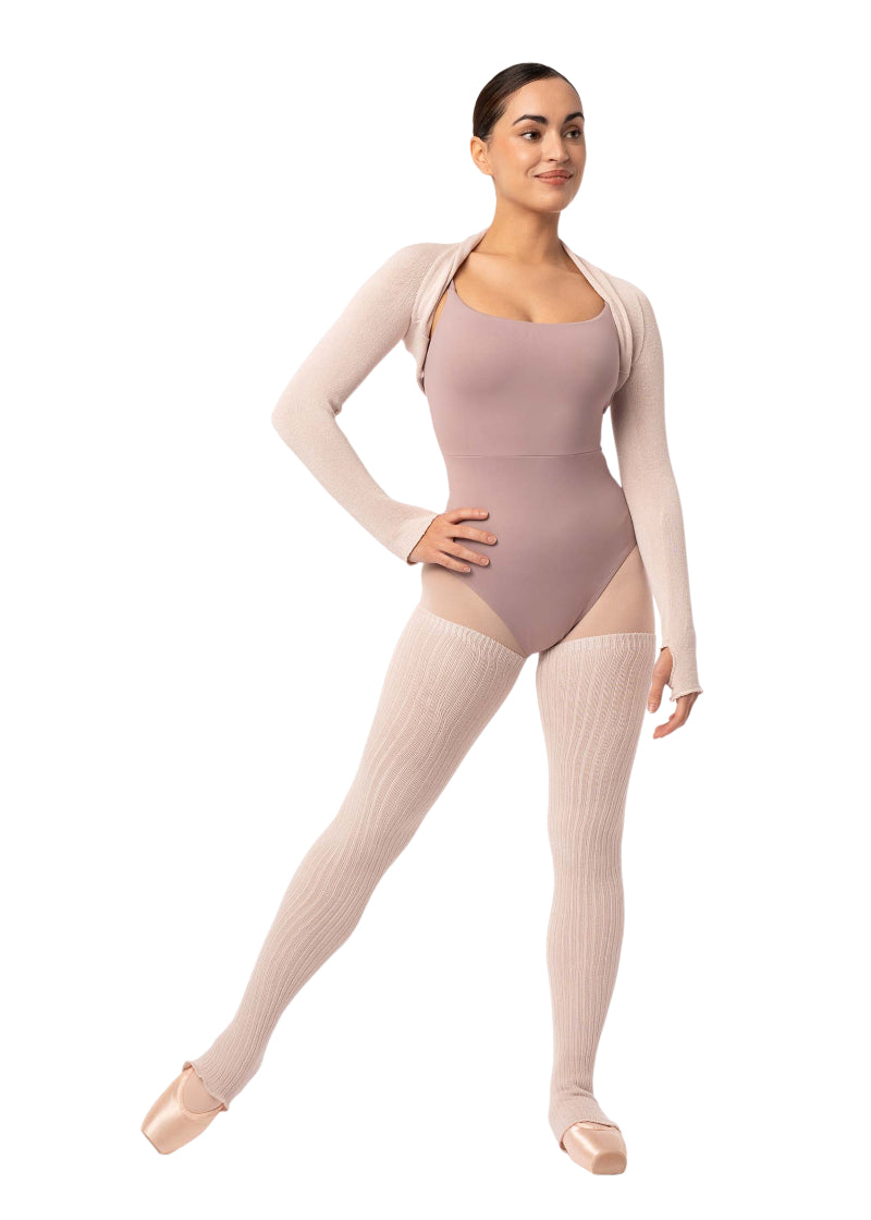 Intermezzo 2041 Women's Francisco Knit Stretch Bamboo Thigh-High Stirrup Legwarmers in Grey, shown on a ballet dancer wearing pointe shoes, pink tights, a mauve leotard, and a matching pale pink shrug