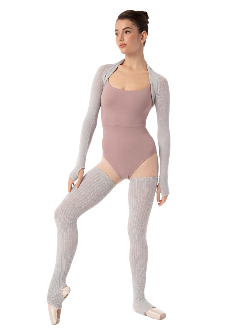 Intermezzo 2041 Women's Francisco Knit Stretch Bamboo Thigh-High Stirrup Legwarmers in Grey, shown on a ballet dancer wearing pointe shoes, pink tights, a mauve leotard, and a matching grey shrug