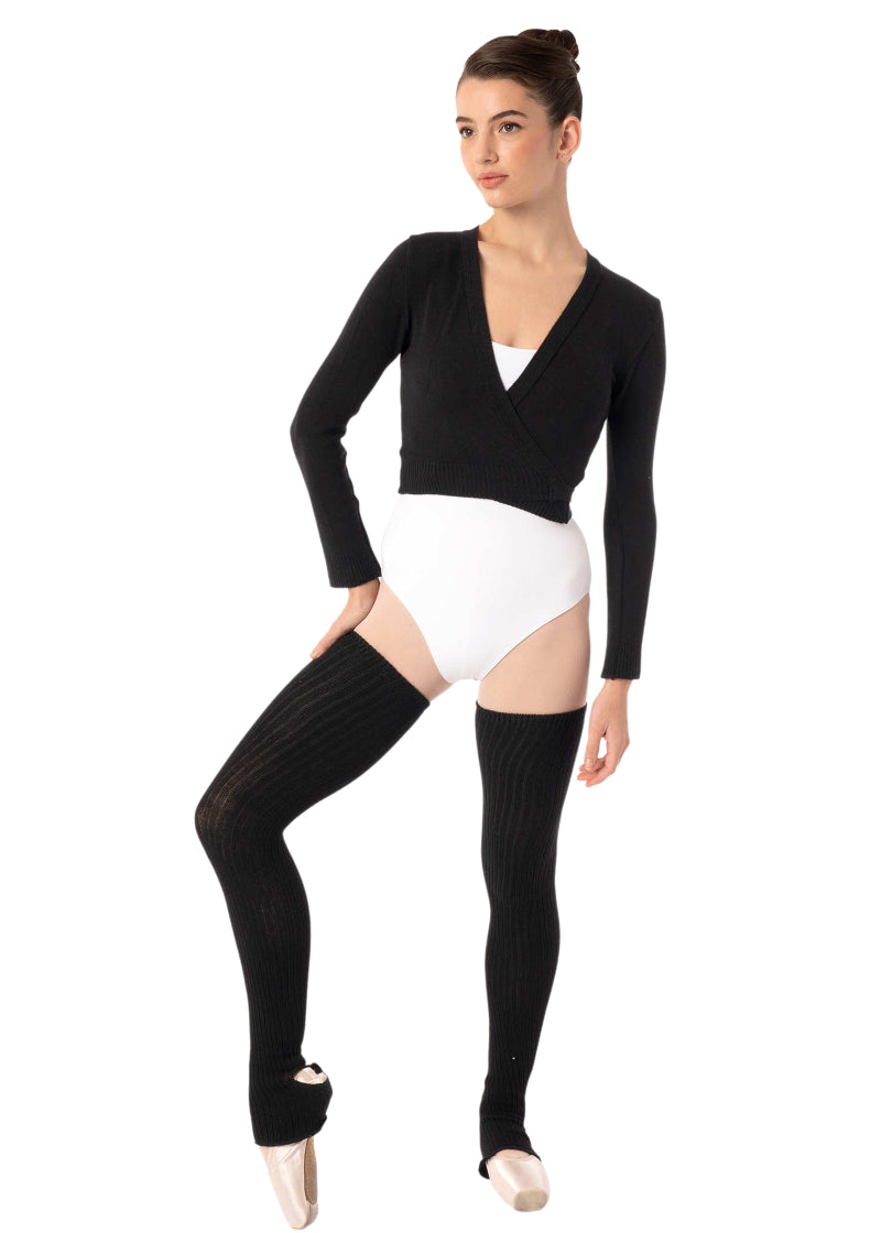 Intermezzo 2041 Women's Francisco Knit Stretch Bamboo Thigh-High Stirrup Legwarmers in Black, shown on a ballet dancer wearing pointe shoes, pink tights, and a white leotard
