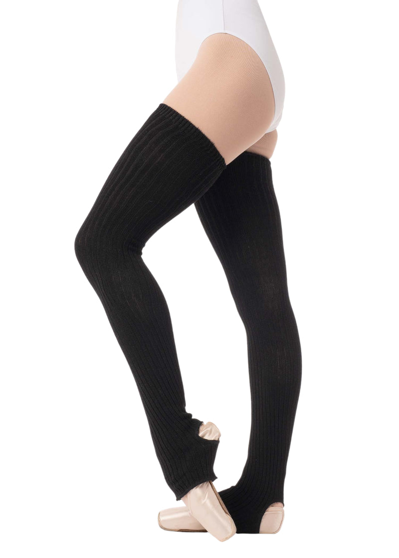 Intermezzo 2041 Women's Francisco Knit Stretch Bamboo Thigh-High Stirrup Legwarmers in Black, shown on a ballet dancer wearing pointe shoes, pink tights, and a white leotard