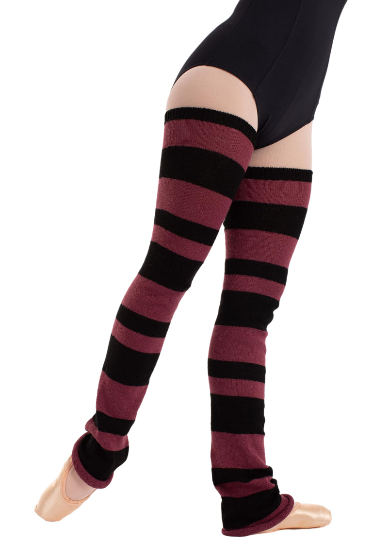 Intermezzo 2103 Women's Polpay Two-Toned Striped Thigh High Relaxed Ankle Legwarmers in Black & Violet Red-Purple, shown on a ballet dancer wearing pointe shoes, pink tights, and a black leotard